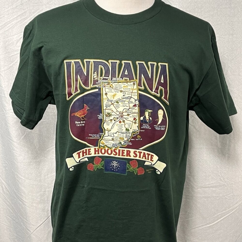 Indiana Hoosier State Map Tee Green L Fruit of the Loom BEST Vintage 50/50 - Picture 1 of 14
